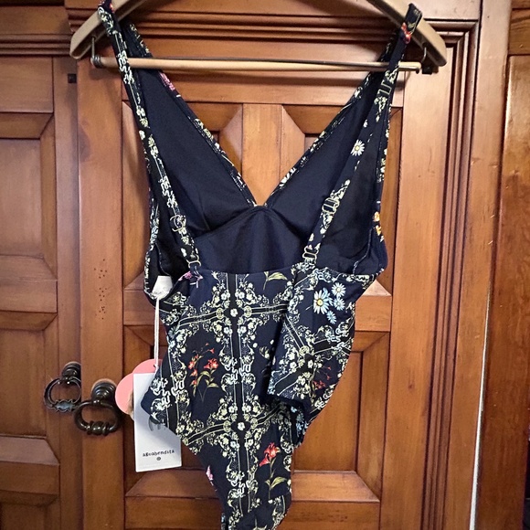 Aguabendita Navy Blue One Piece Floral Adjustable Spaghetti Strap Swimsuit - Picture 8 of 12